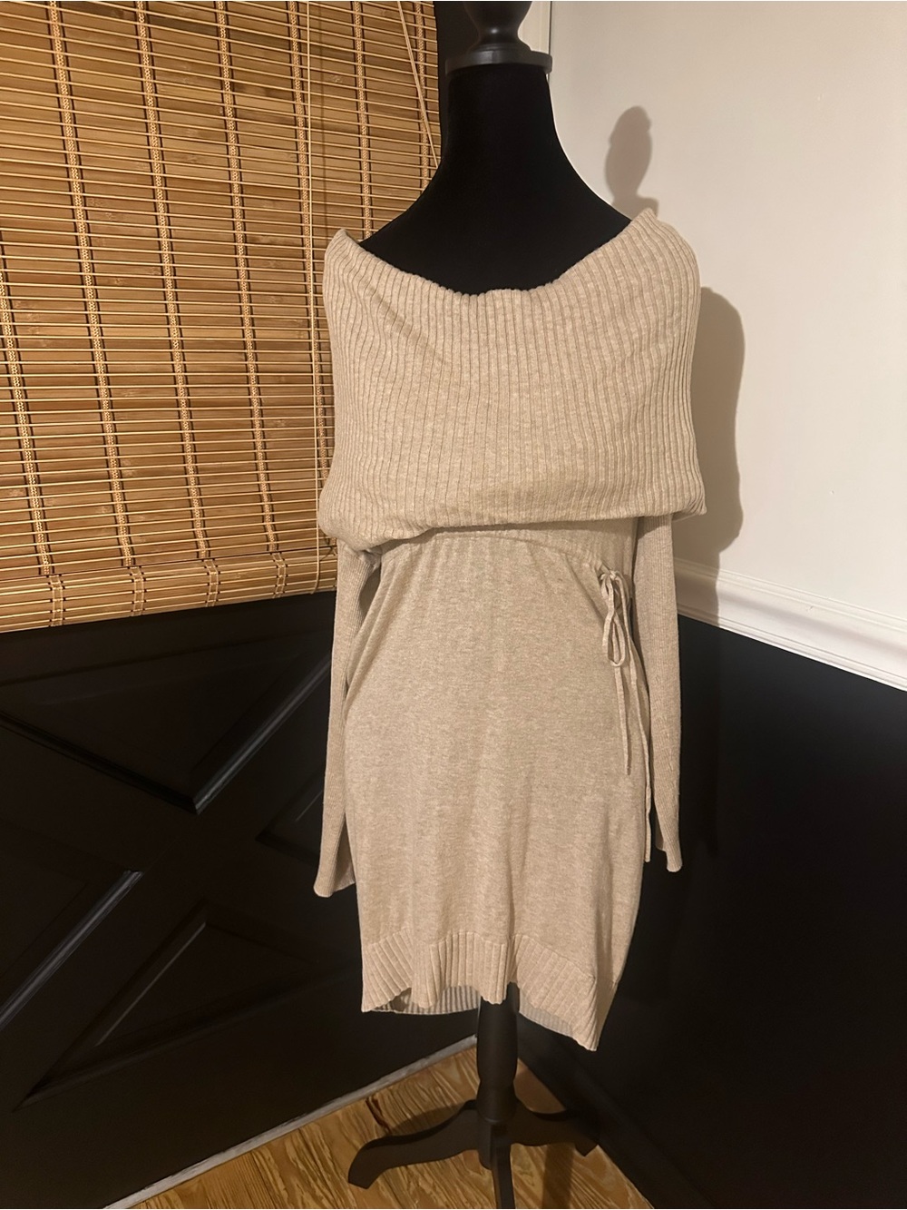 Victoria Secret Beige Off-Shoulder Knit Sweater Dress with Tie Waist